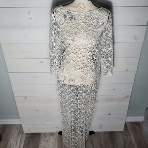 Elegant Maxi Dress Metallic Floral Lace Crochet Shimmery Sequin.